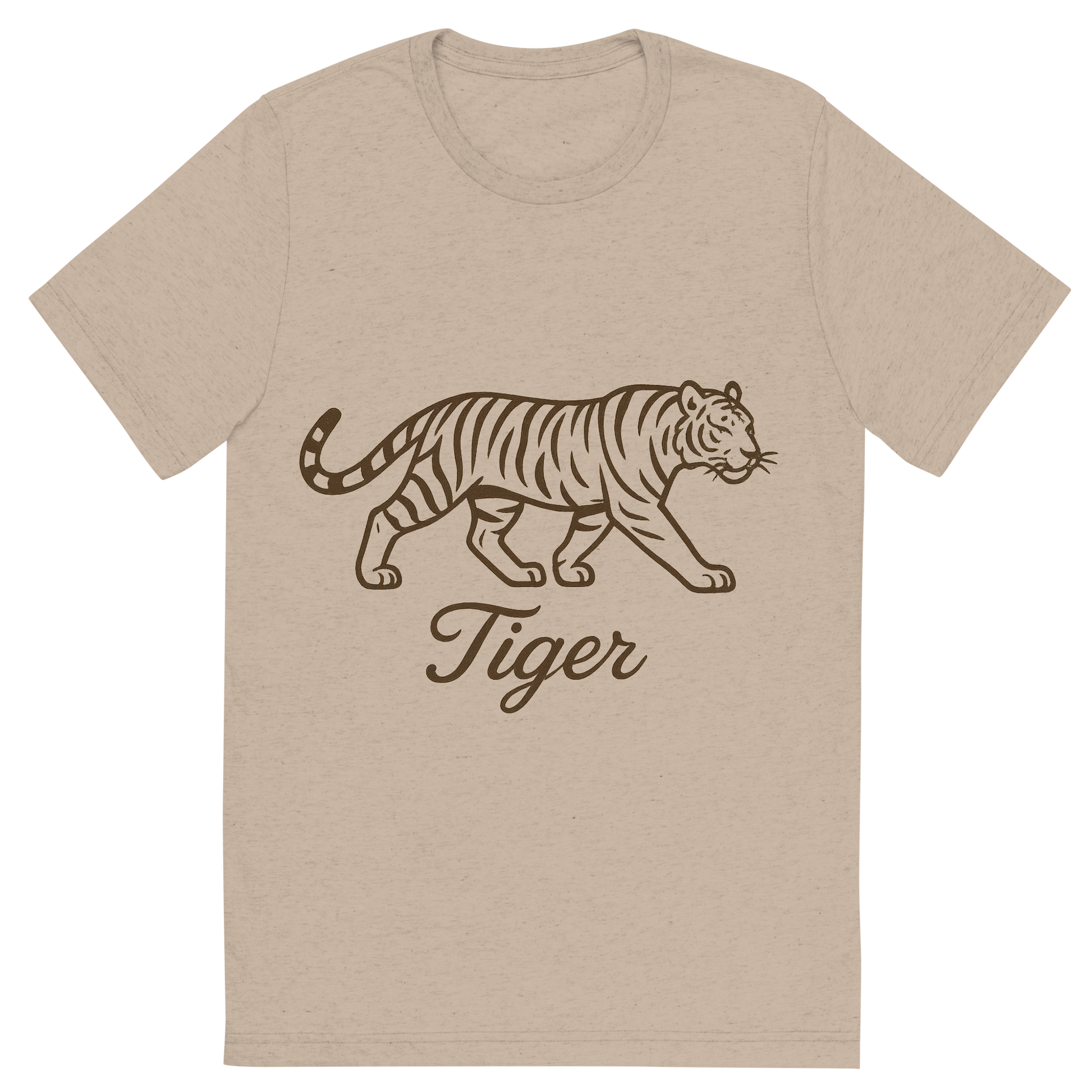Front view of a Premium Tri-Blend Crew Neck T-Shirt in Tan showing 'A flat, neutral graphic of a stylized sketch of a tiger mid-stride with distinctive stripes. “tiger” appears in graceful cursive below. clean linework on a white background.'