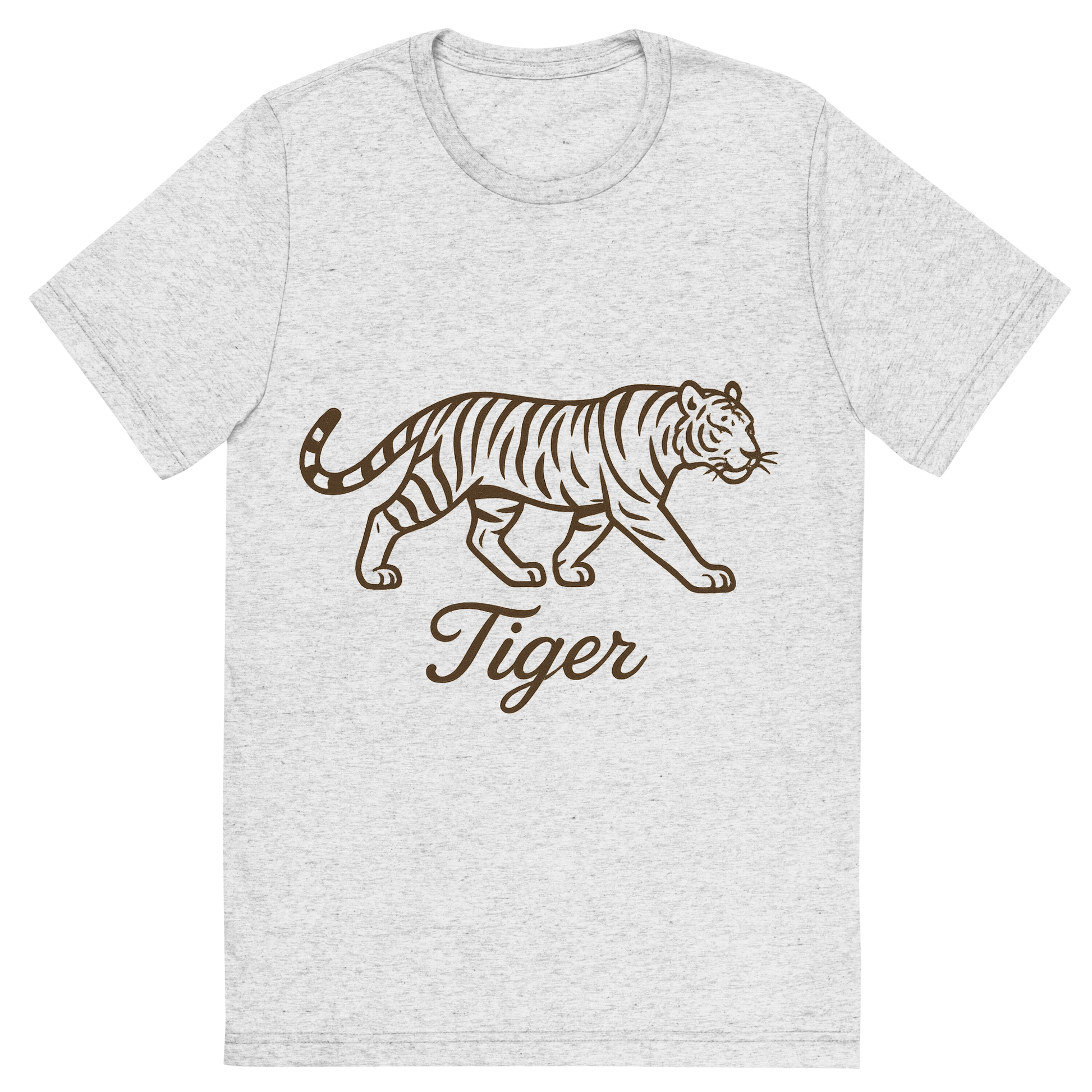Front view of a Premium Tri-Blend Crew Neck T-Shirt in White Fleck showing 'A flat, neutral graphic of a stylized sketch of a tiger mid-stride with distinctive stripes. “tiger” appears in graceful cursive below. clean linework on a white background.'