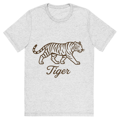Front view of a Premium Tri-Blend Crew Neck T-Shirt in White Fleck showing 'A flat, neutral graphic of a stylized sketch of a tiger mid-stride with distinctive stripes. “tiger” appears in graceful cursive below. clean linework on a white background.'