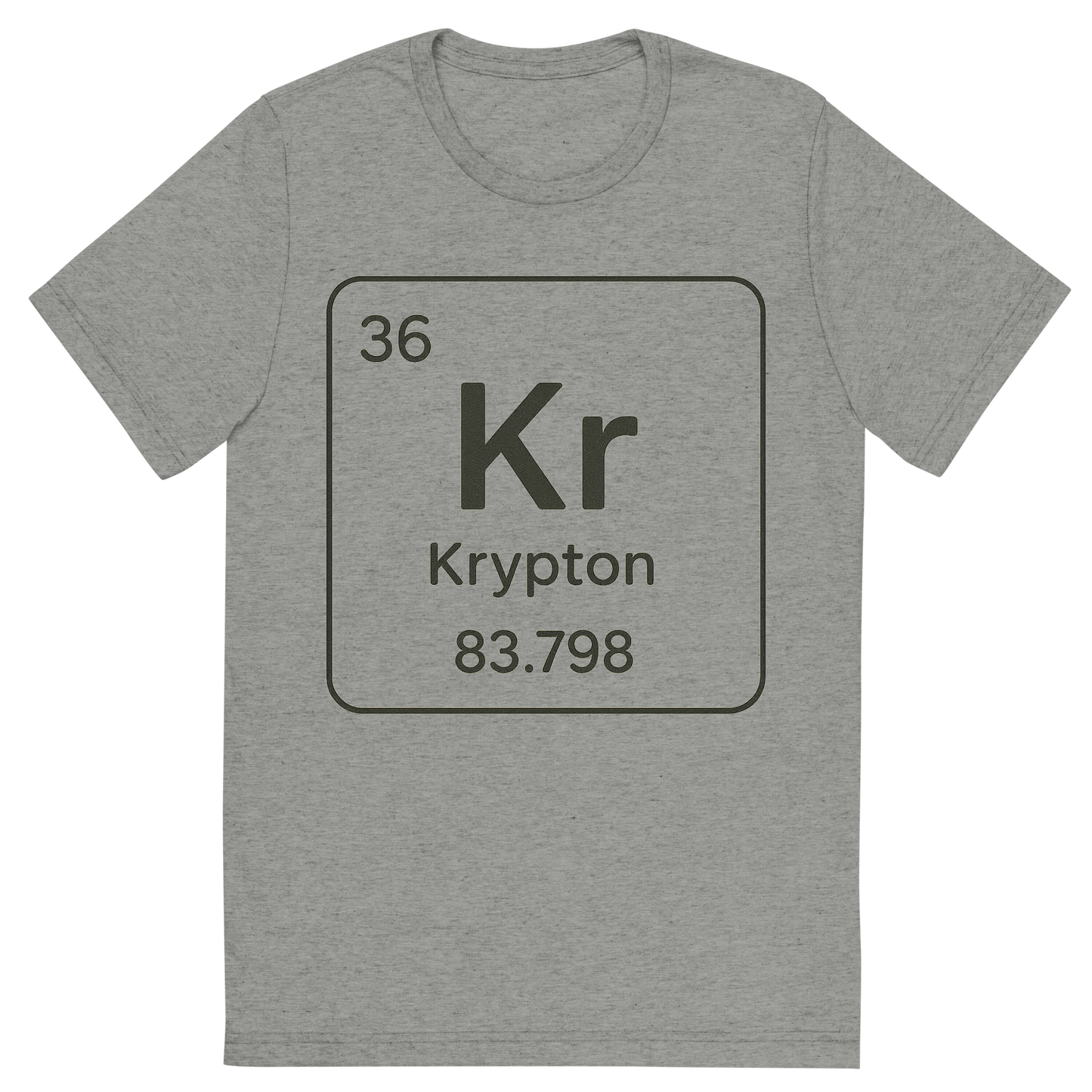Front view of a Premium Tri-Blend Crew Neck T-Shirt in Athletic Grey showing 'A line art, nostalgic graphic of krypton's entry on the periodic table, use a dark color for the lines and text'