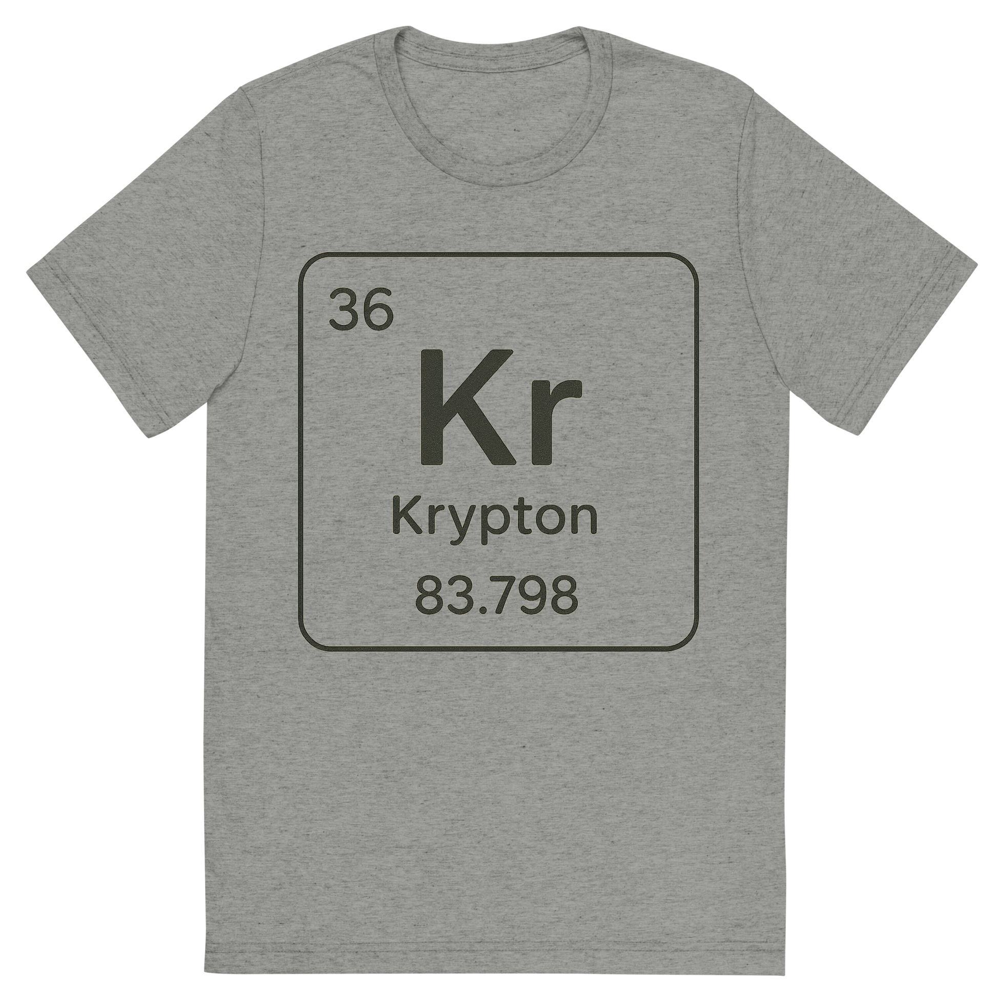 Front view of a Premium Tri-Blend Crew Neck T-Shirt in Athletic Grey showing 'A line art, nostalgic graphic of krypton's entry on the periodic table, use a dark color for the lines and text'