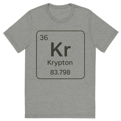 Front view of a Premium Tri-Blend Crew Neck T-Shirt in Athletic Grey showing 'A line art, nostalgic graphic of krypton's entry on the periodic table, use a dark color for the lines and text'
