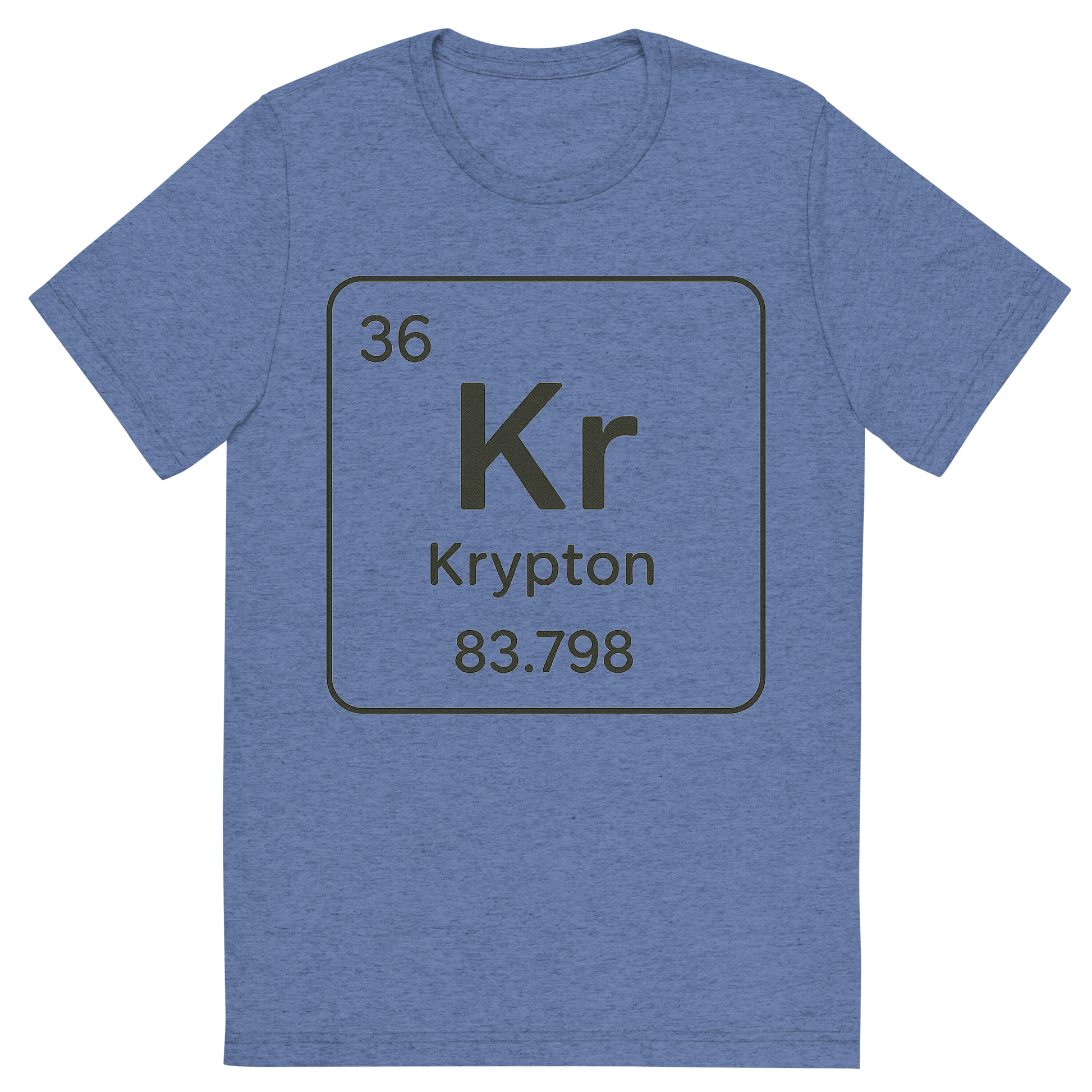 Front view of a Premium Tri-Blend Crew Neck T-Shirt in Blue showing 'A line art, nostalgic graphic of krypton's entry on the periodic table, use a dark color for the lines and text'