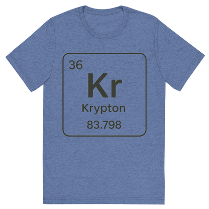 Front view of a Premium Tri-Blend Crew Neck T-Shirt in Blue showing 'A line art, nostalgic graphic of krypton's entry on the periodic table, use a dark color for the lines and text'