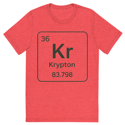 Front view of a Premium Tri-Blend Crew Neck T-Shirt in Red showing 'A line art, nostalgic graphic of krypton's entry on the periodic table, use a dark color for the lines and text'