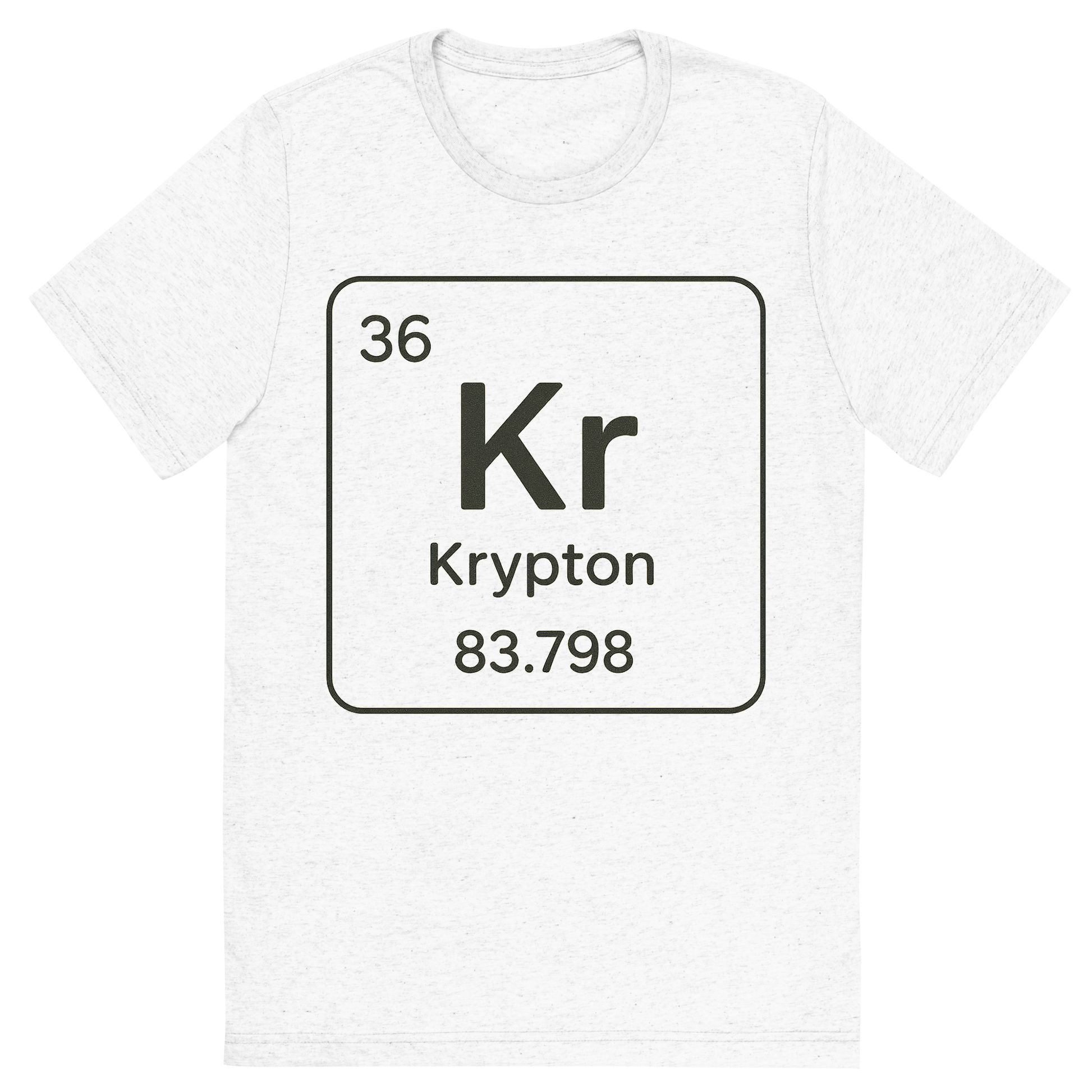 Front view of a Premium Tri-Blend Crew Neck T-Shirt in Solid White showing 'A line art, nostalgic graphic of krypton's entry on the periodic table, use a dark color for the lines and text'