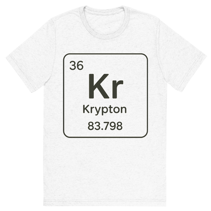 Front view of a Premium Tri-Blend Crew Neck T-Shirt in Solid White showing 'A line art, nostalgic graphic of krypton's entry on the periodic table, use a dark color for the lines and text'
