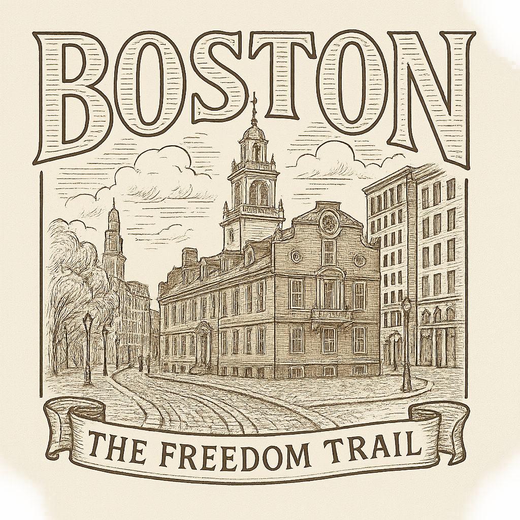 A typographic, nostalgic graphic of a typographic illustration of the words 'boston' with a vintage line art drawing of the freedom trail – a t-shirt design