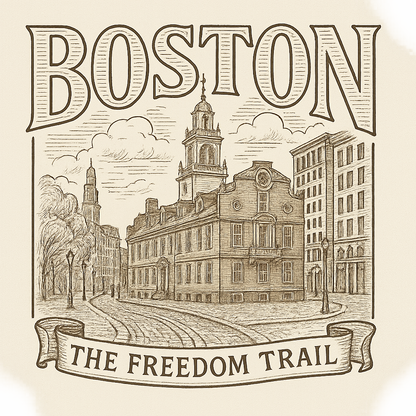 A typographic, nostalgic graphic of a typographic illustration of the words 'boston' with a vintage line art drawing of the freedom trail – a t-shirt design
