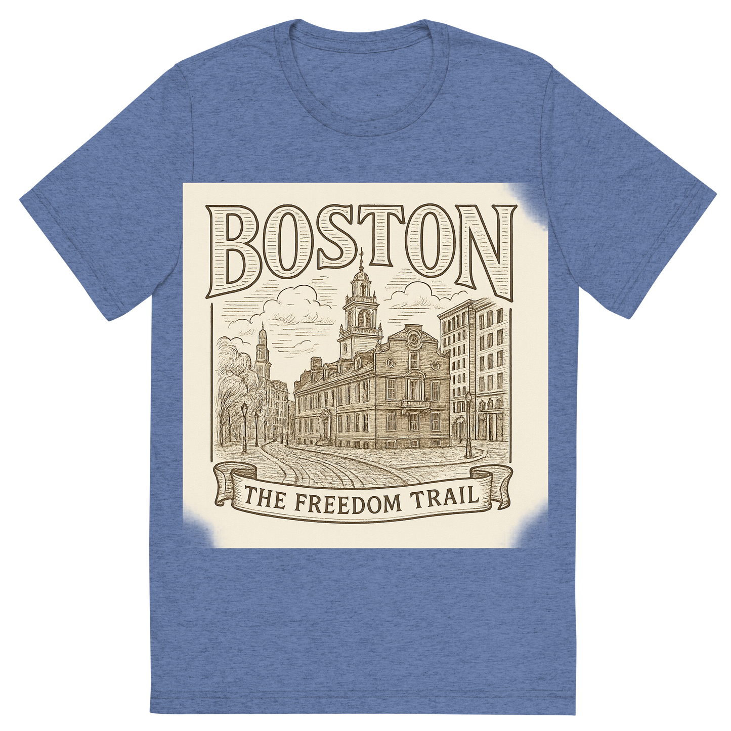 Front view of a Premium Tri-Blend Crew Neck T-Shirt in Blue showing 'A typographic, nostalgic graphic of a typographic illustration of the words 'boston' with a vintage line art drawing of the freedom trail'