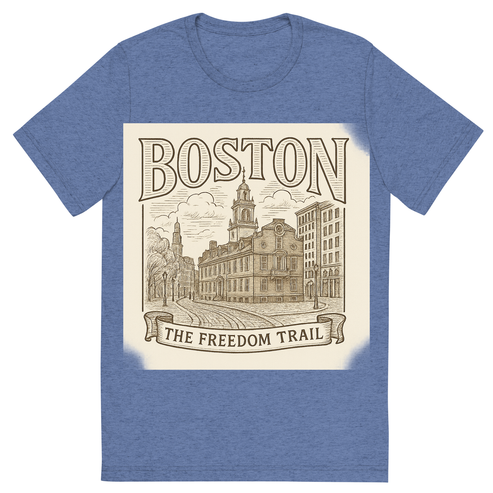 Front view of a Premium Tri-Blend Crew Neck T-Shirt in Blue showing 'A typographic, nostalgic graphic of a typographic illustration of the words 'boston' with a vintage line art drawing of the freedom trail'