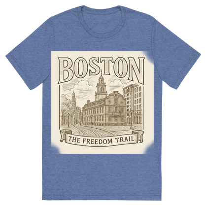 Front view of a Premium Tri-Blend Crew Neck T-Shirt in Blue showing 'A typographic, nostalgic graphic of a typographic illustration of the words 'boston' with a vintage line art drawing of the freedom trail'