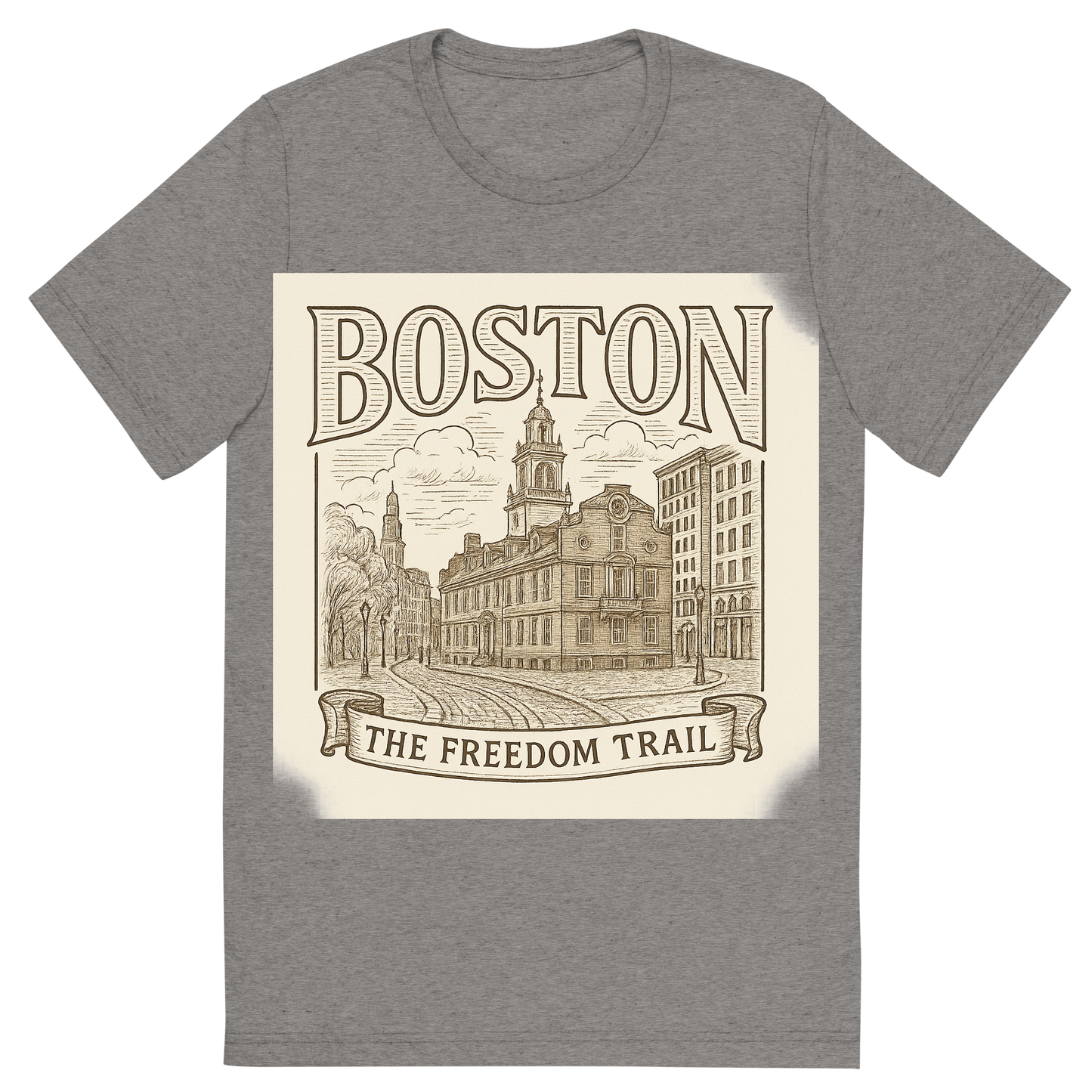 Front view of a Premium Tri-Blend Crew Neck T-Shirt in Grey showing 'A typographic, nostalgic graphic of a typographic illustration of the words 'boston' with a vintage line art drawing of the freedom trail'