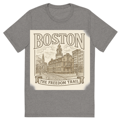 Front view of a Premium Tri-Blend Crew Neck T-Shirt in Grey showing 'A typographic, nostalgic graphic of a typographic illustration of the words 'boston' with a vintage line art drawing of the freedom trail'