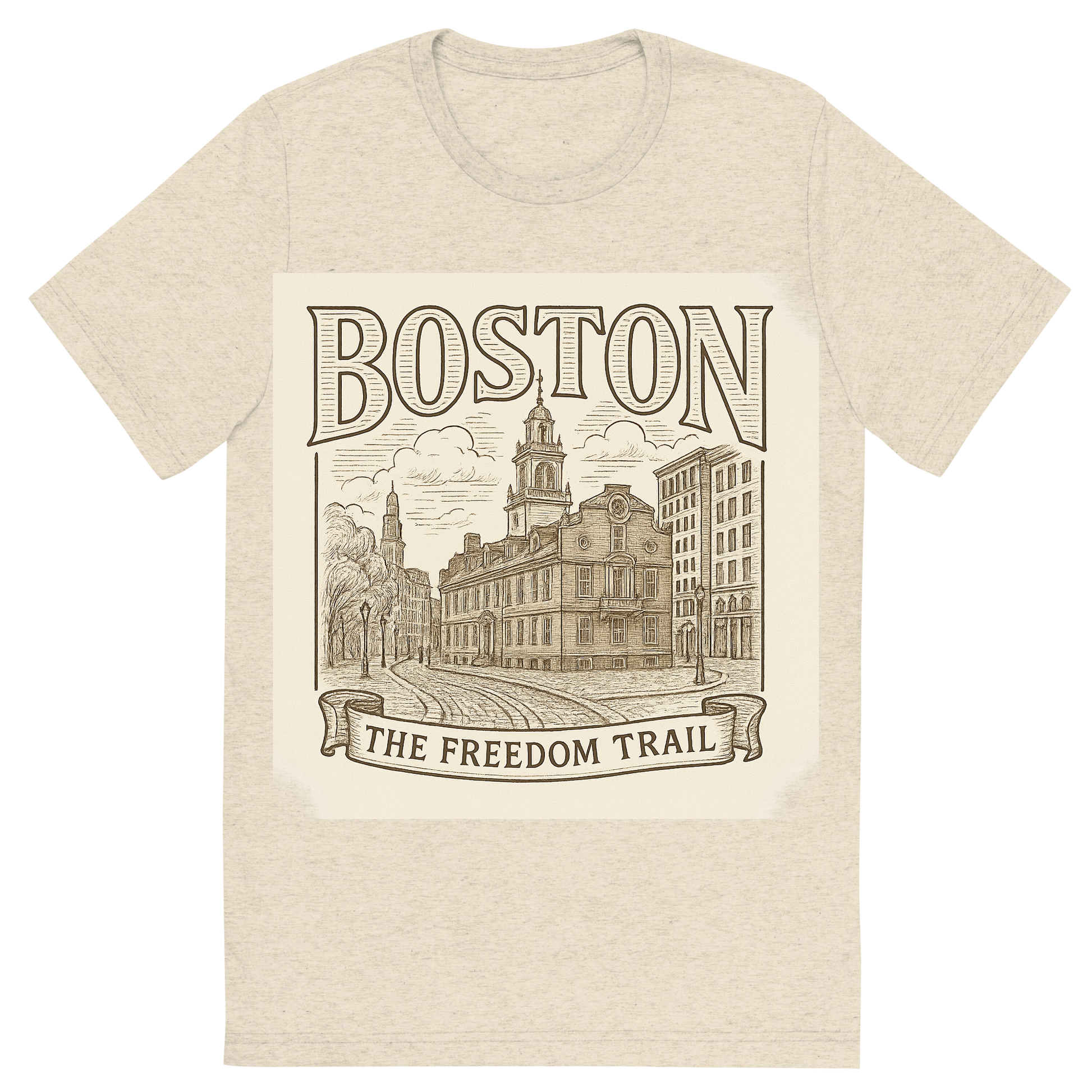 Front view of a Premium Tri-Blend Crew Neck T-Shirt in Oatmeal showing 'A typographic, nostalgic graphic of a typographic illustration of the words 'boston' with a vintage line art drawing of the freedom trail'