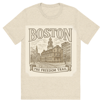 Front view of a Premium Tri-Blend Crew Neck T-Shirt in Oatmeal showing 'A typographic, nostalgic graphic of a typographic illustration of the words 'boston' with a vintage line art drawing of the freedom trail'