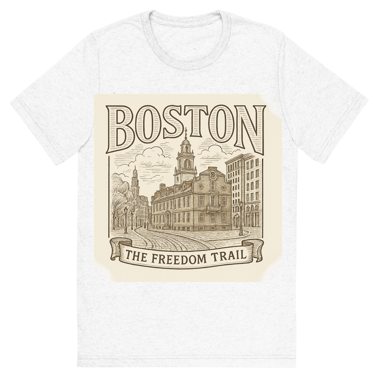 Front view of a Premium Tri-Blend Crew Neck T-Shirt in Solid White showing 'A typographic, nostalgic graphic of a typographic illustration of the words 'boston' with a vintage line art drawing of the freedom trail'