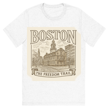 Front view of a Premium Tri-Blend Crew Neck T-Shirt in Solid White showing 'A typographic, nostalgic graphic of a typographic illustration of the words 'boston' with a vintage line art drawing of the freedom trail'