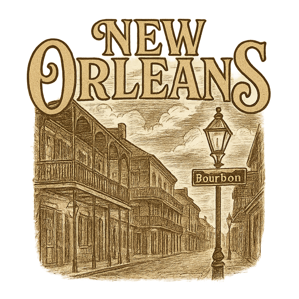 A typographic, nostalgic graphic of a typographic illustration of the words 'new orleans' with a vintage line art drawing of bourbon street – a t-shirt design