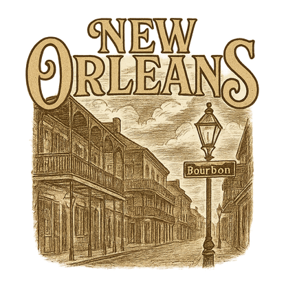 A typographic, nostalgic graphic of a typographic illustration of the words 'new orleans' with a vintage line art drawing of bourbon street – a t-shirt design