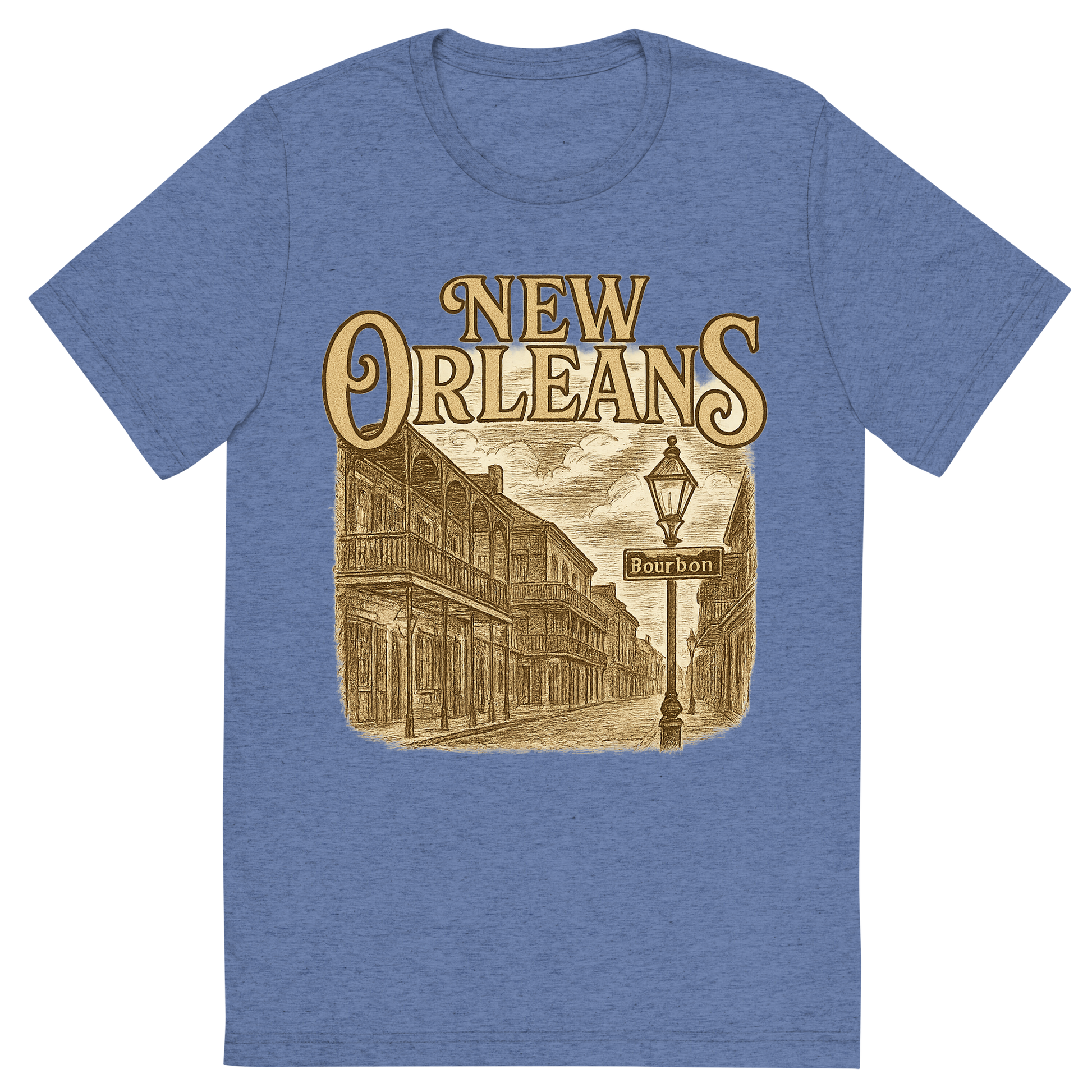 Front view of a Premium Tri-Blend Crew Neck T-Shirt in Blue showing 'A typographic, nostalgic graphic of a typographic illustration of the words 'new orleans' with a vintage line art drawing of bourbon street'