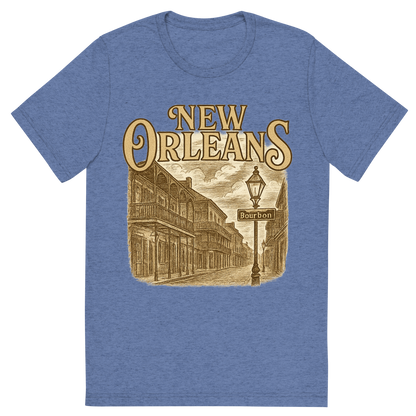 Front view of a Premium Tri-Blend Crew Neck T-Shirt in Blue showing 'A typographic, nostalgic graphic of a typographic illustration of the words 'new orleans' with a vintage line art drawing of bourbon street'