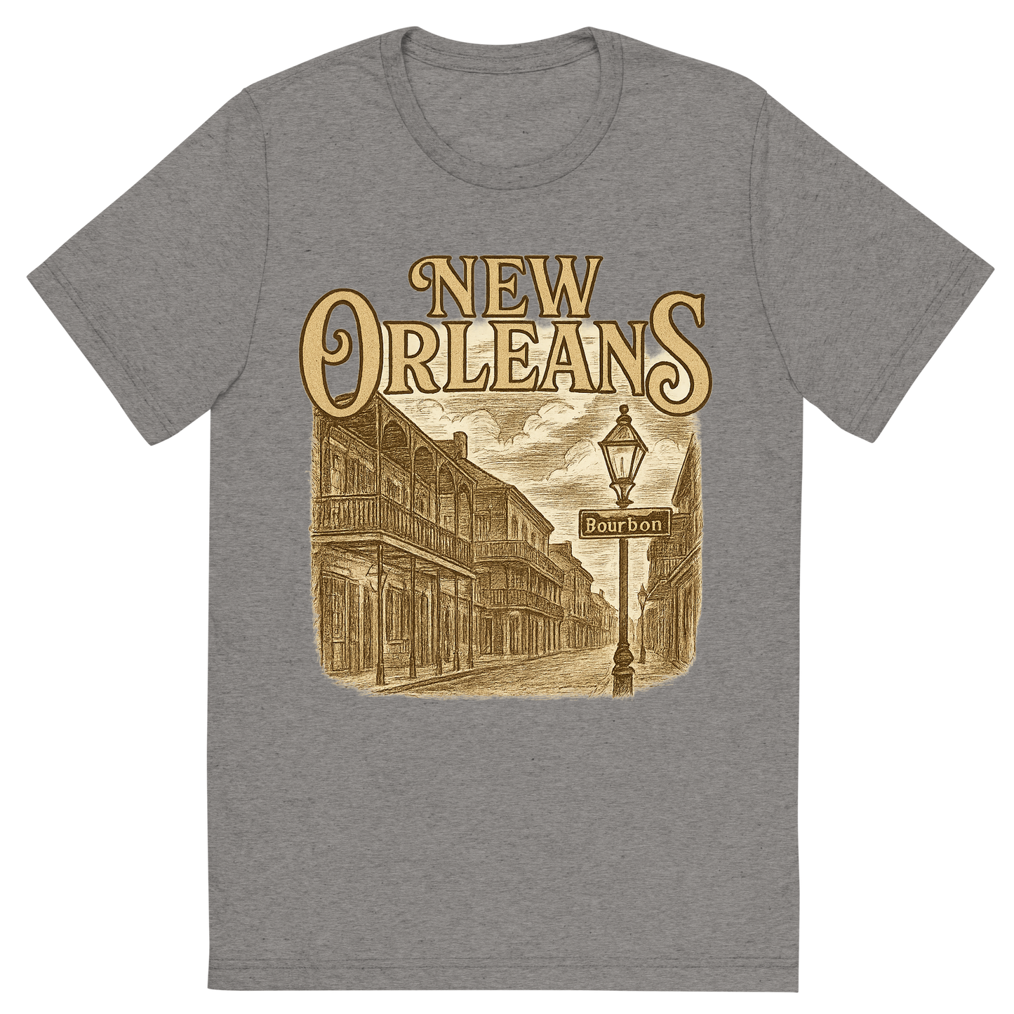 Front view of a Premium Tri-Blend Crew Neck T-Shirt in Grey showing 'A typographic, nostalgic graphic of a typographic illustration of the words 'new orleans' with a vintage line art drawing of bourbon street'