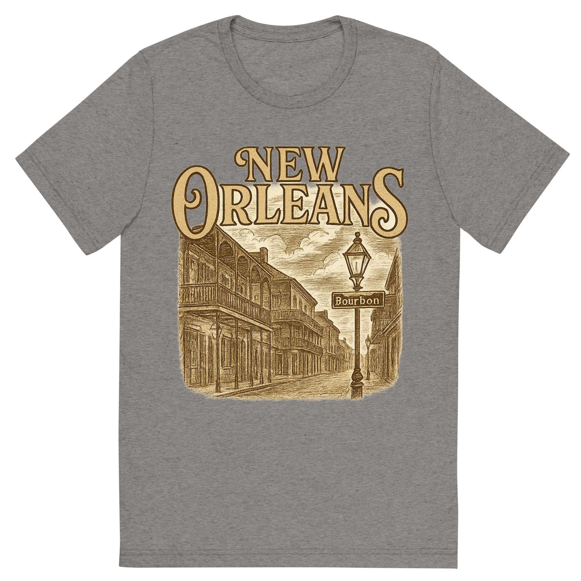 Front view of a Premium Tri-Blend Crew Neck T-Shirt in Grey showing 'A typographic, nostalgic graphic of a typographic illustration of the words 'new orleans' with a vintage line art drawing of bourbon street'