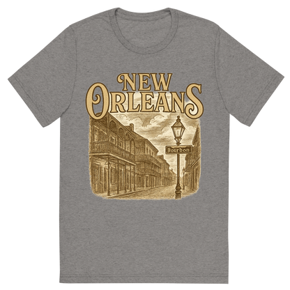 Front view of a Premium Tri-Blend Crew Neck T-Shirt in Grey showing 'A typographic, nostalgic graphic of a typographic illustration of the words 'new orleans' with a vintage line art drawing of bourbon street'