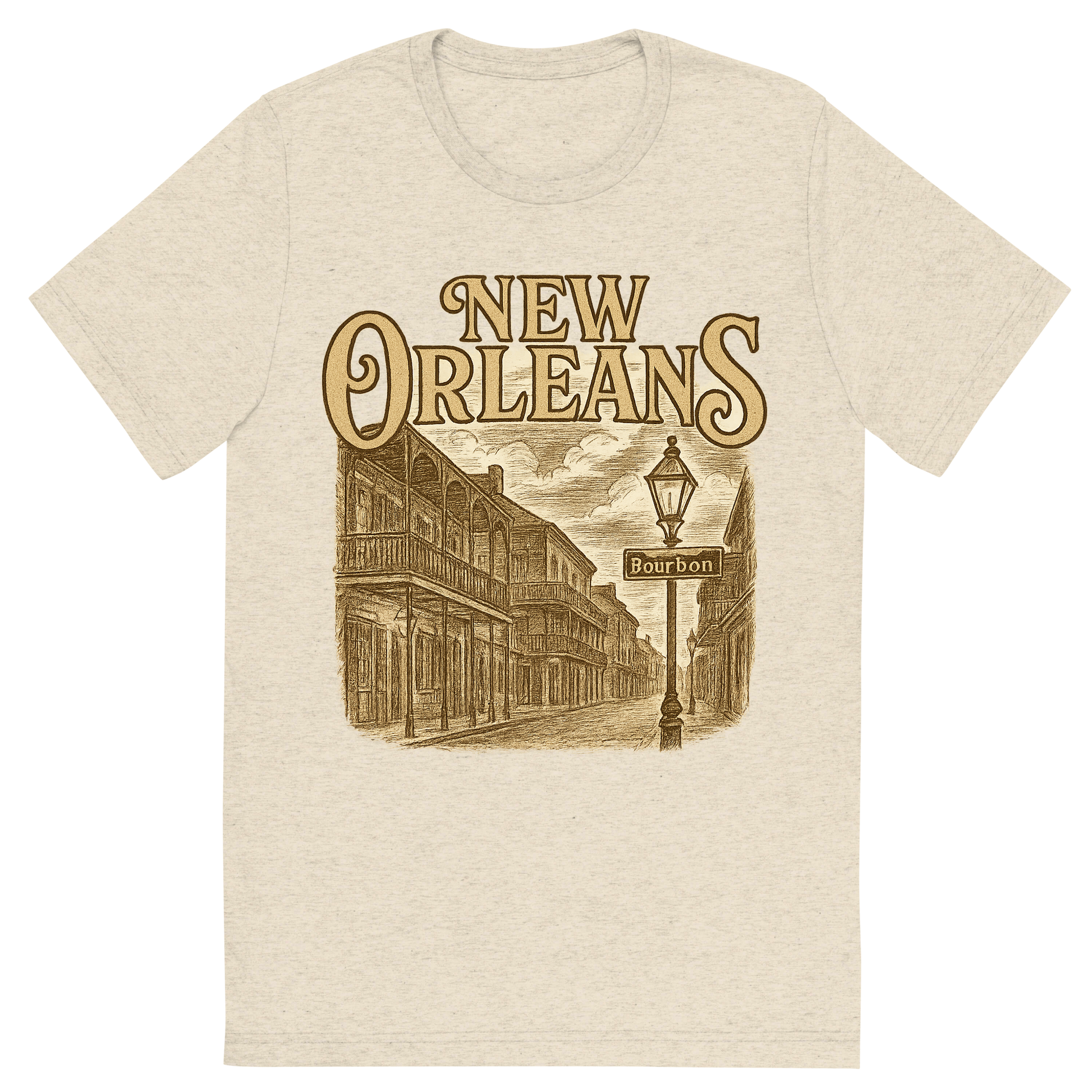 Front view of a Premium Tri-Blend Crew Neck T-Shirt in Oatmeal showing 'A typographic, nostalgic graphic of a typographic illustration of the words 'new orleans' with a vintage line art drawing of bourbon street'