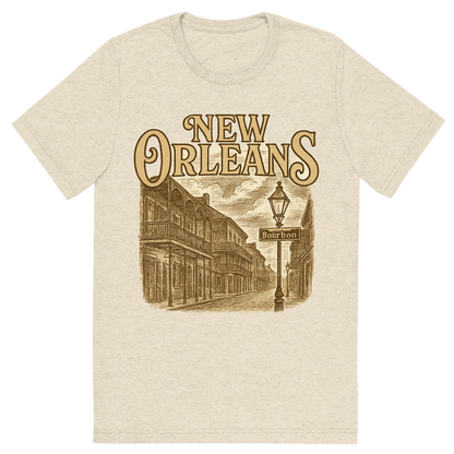 Front view of a Premium Tri-Blend Crew Neck T-Shirt in Oatmeal showing 'A typographic, nostalgic graphic of a typographic illustration of the words 'new orleans' with a vintage line art drawing of bourbon street'