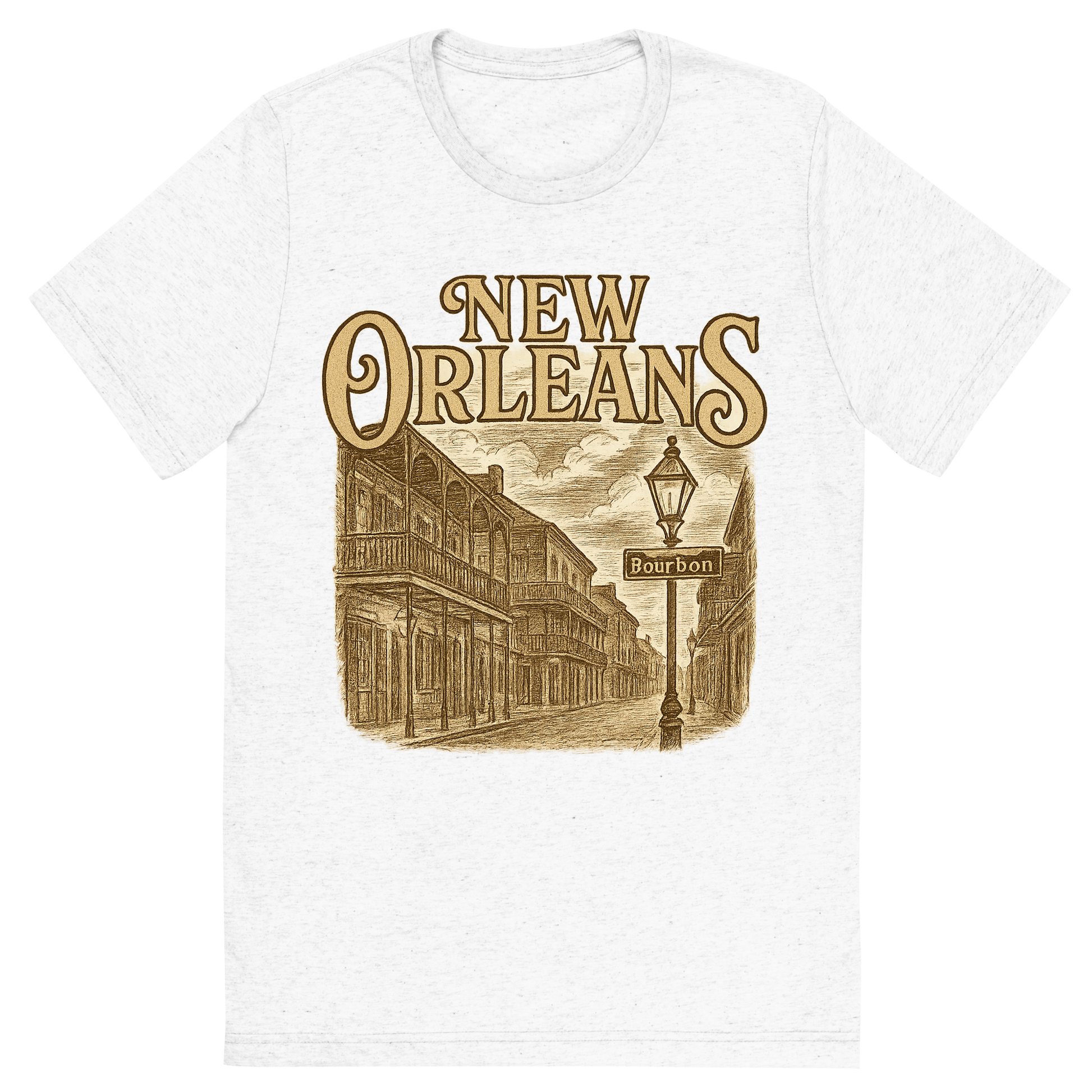 Front view of a Premium Tri-Blend Crew Neck T-Shirt in Solid White showing 'A typographic, nostalgic graphic of a typographic illustration of the words 'new orleans' with a vintage line art drawing of bourbon street'