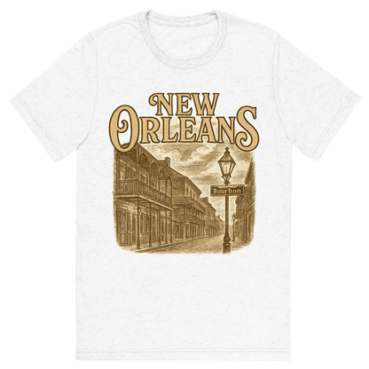 Front view of a Premium Tri-Blend Crew Neck T-Shirt in Solid White showing 'A typographic, nostalgic graphic of a typographic illustration of the words 'new orleans' with a vintage line art drawing of bourbon street'