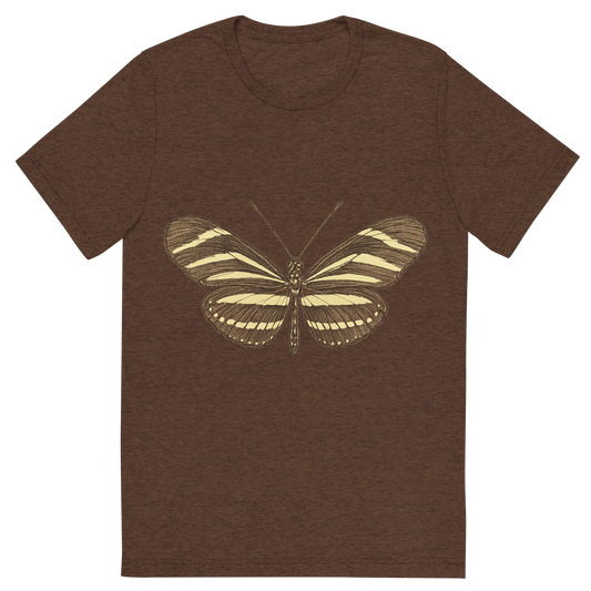 Front view of a Premium Tri-Blend Crew Neck T-Shirt in Brown showing 'A hand-drawn, tranquil graphic of zebra longwing butterfly'