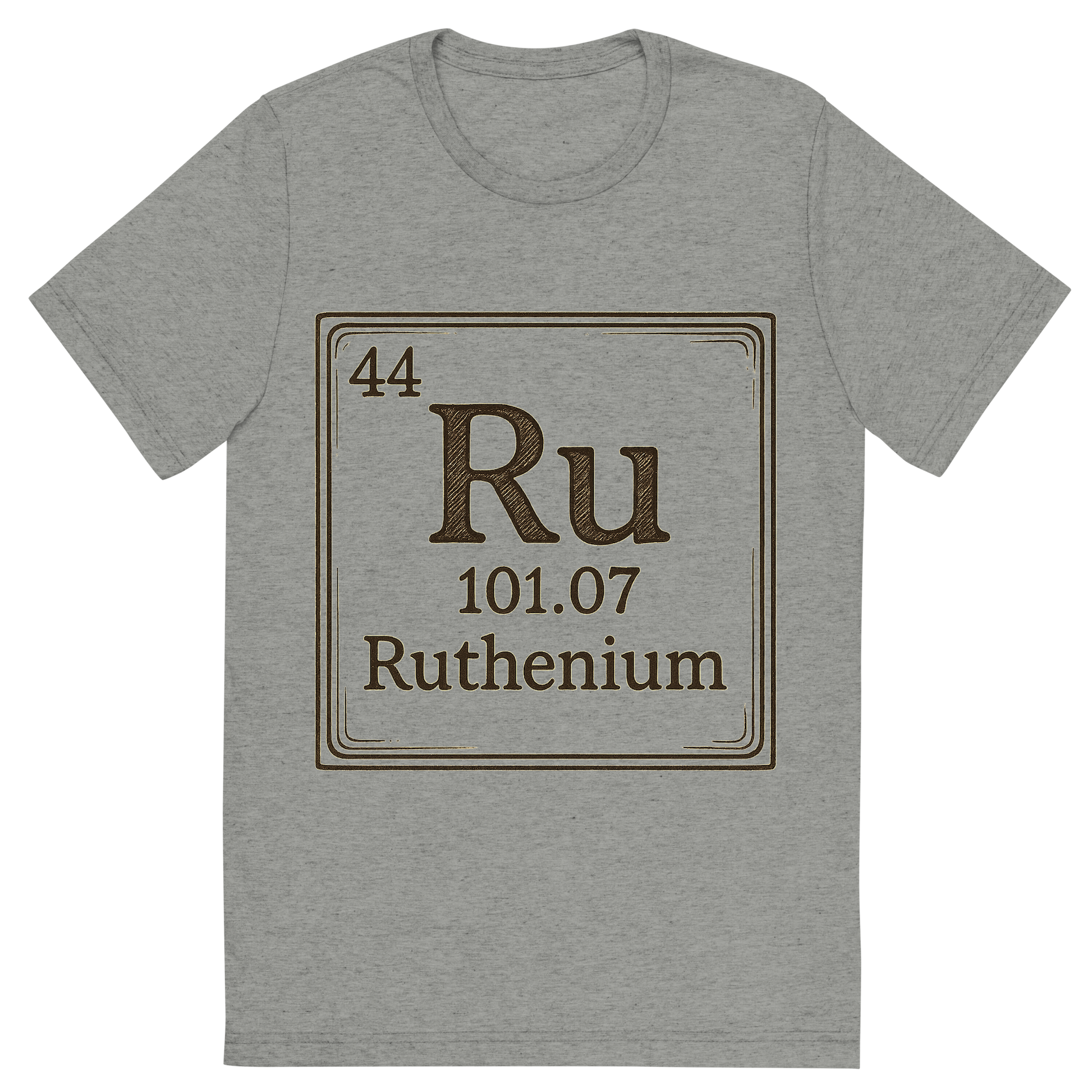 Front view of a Premium Tri-Blend Crew Neck T-Shirt in Athletic Grey showing 'A line art, nostalgic graphic of ruthenium's entry on the periodic table, use a dark color for the lines and text'
