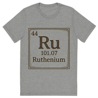 Front view of a Premium Tri-Blend Crew Neck T-Shirt in Athletic Grey showing 'A line art, nostalgic graphic of ruthenium's entry on the periodic table, use a dark color for the lines and text'