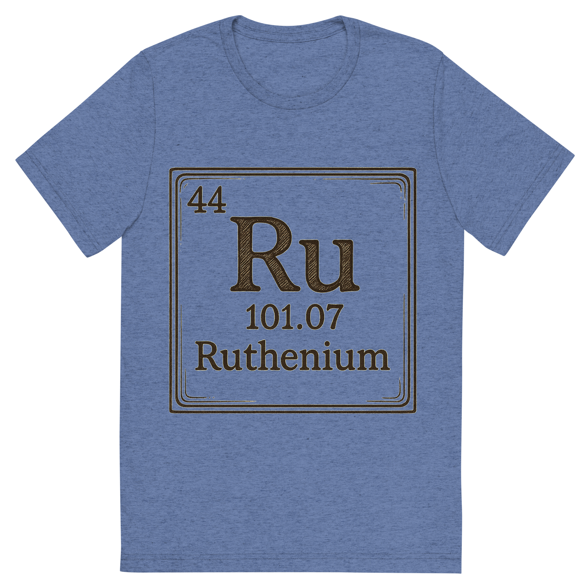 Front view of a Premium Tri-Blend Crew Neck T-Shirt in Blue showing 'A line art, nostalgic graphic of ruthenium's entry on the periodic table, use a dark color for the lines and text'