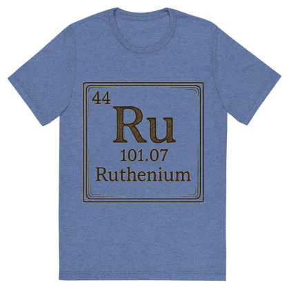 Front view of a Premium Tri-Blend Crew Neck T-Shirt in Blue showing 'A line art, nostalgic graphic of ruthenium's entry on the periodic table, use a dark color for the lines and text'