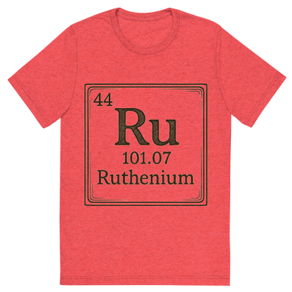 Front view of a Premium Tri-Blend Crew Neck T-Shirt in Red showing 'A line art, nostalgic graphic of ruthenium's entry on the periodic table, use a dark color for the lines and text'