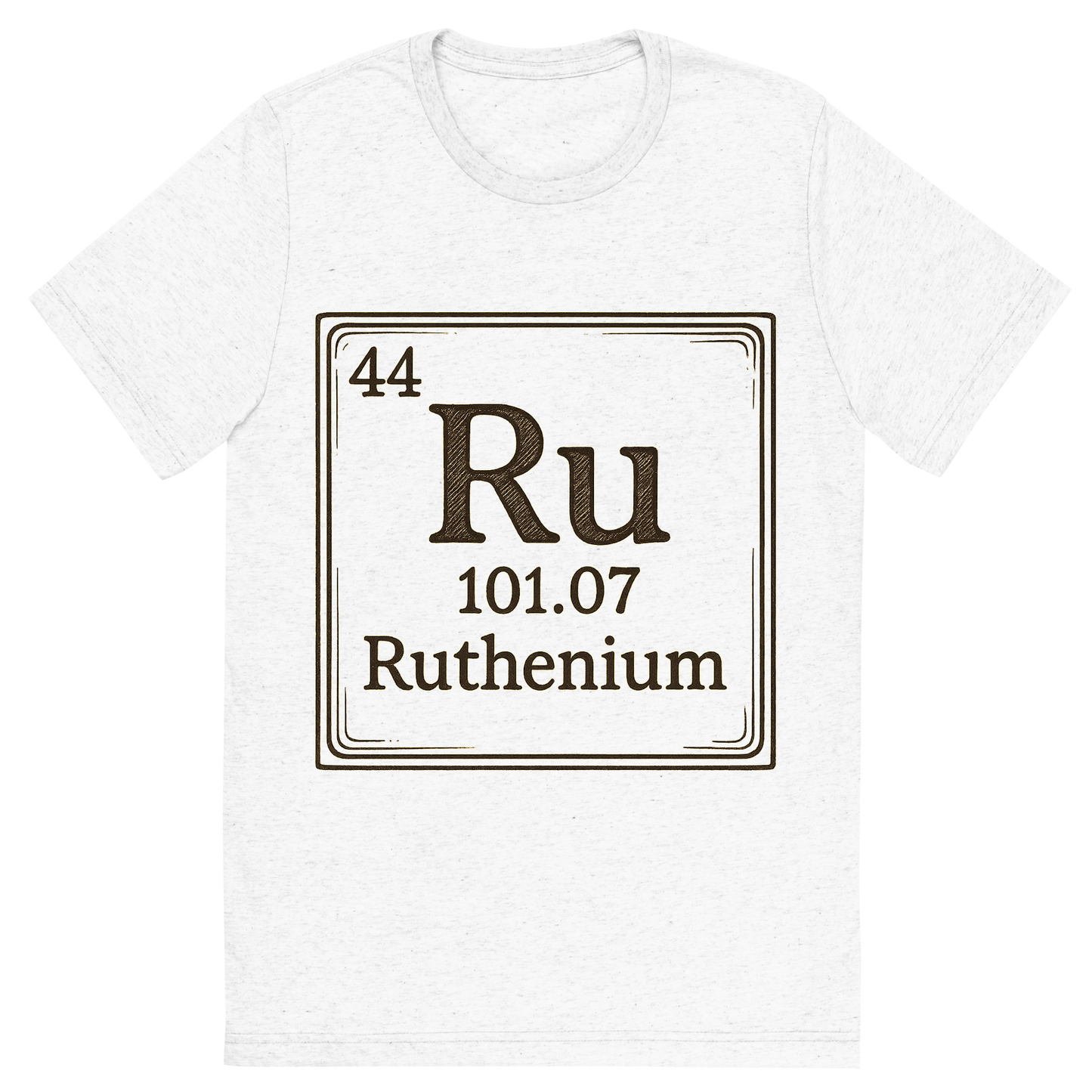 Front view of a Premium Tri-Blend Crew Neck T-Shirt in Solid White showing 'A line art, nostalgic graphic of ruthenium's entry on the periodic table, use a dark color for the lines and text'