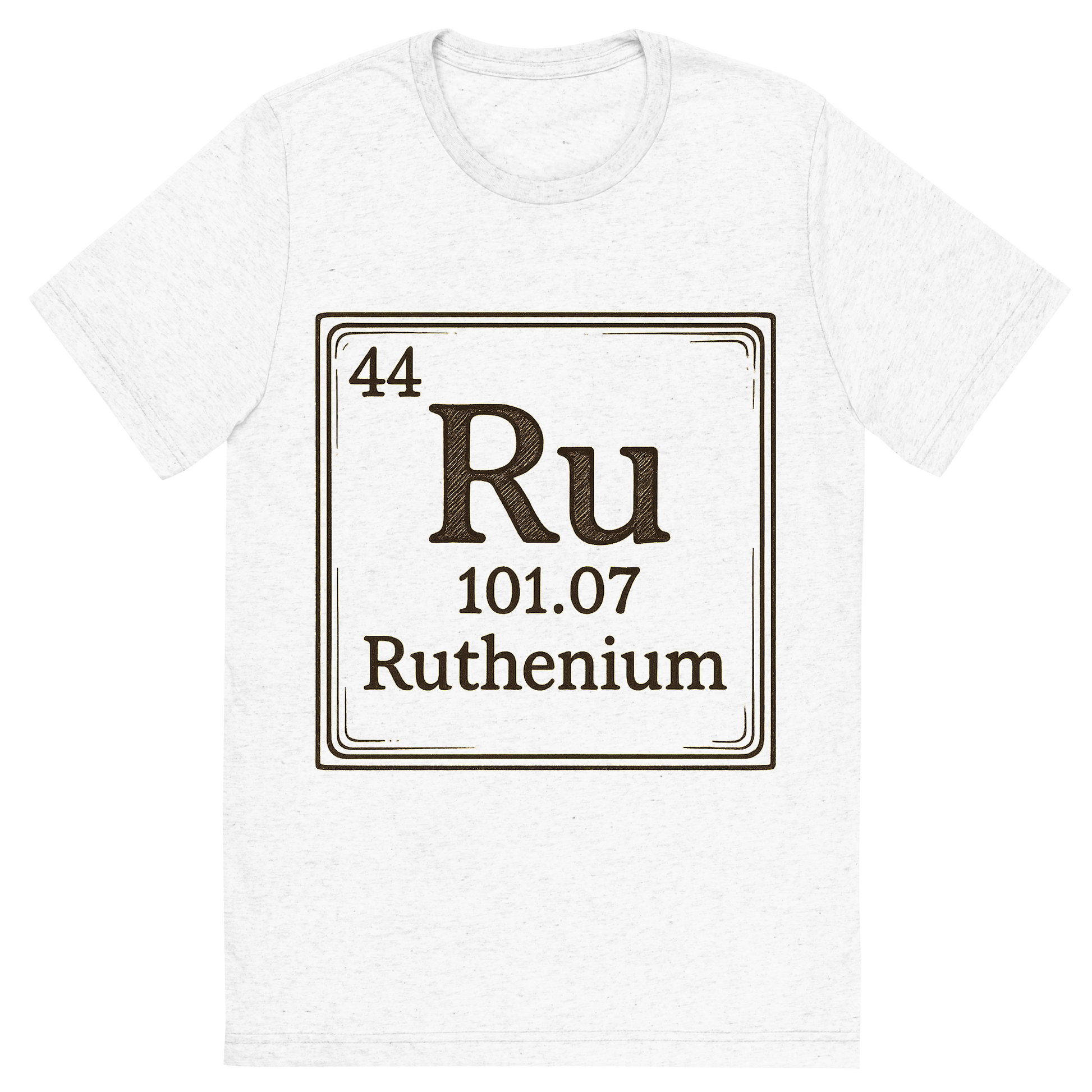 Front view of a Premium Tri-Blend Crew Neck T-Shirt in Solid White showing 'A line art, nostalgic graphic of ruthenium's entry on the periodic table, use a dark color for the lines and text'