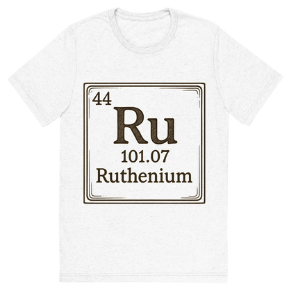 Front view of a Premium Tri-Blend Crew Neck T-Shirt in Solid White showing 'A line art, nostalgic graphic of ruthenium's entry on the periodic table, use a dark color for the lines and text'