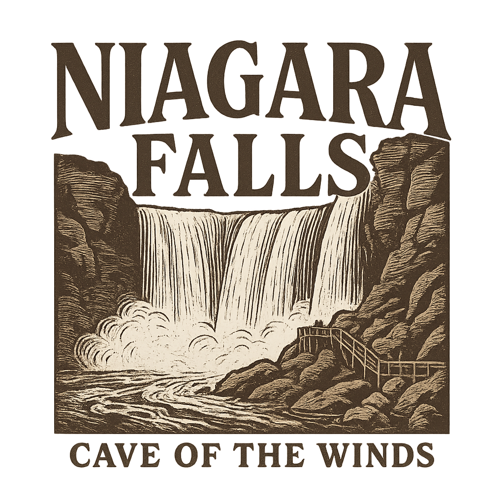 A typographic, nostalgic graphic of a typographic illustration of the words 'niagara falls' with a vintage line art drawing of the cave of the winds – a t-shirt design