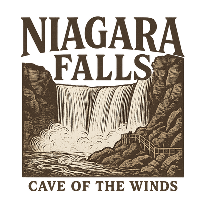 A typographic, nostalgic graphic of a typographic illustration of the words 'niagara falls' with a vintage line art drawing of the cave of the winds – a t-shirt design