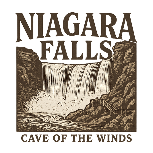 A typographic, nostalgic graphic of a typographic illustration of the words 'niagara falls' with a vintage line art drawing of the cave of the winds – a t-shirt design