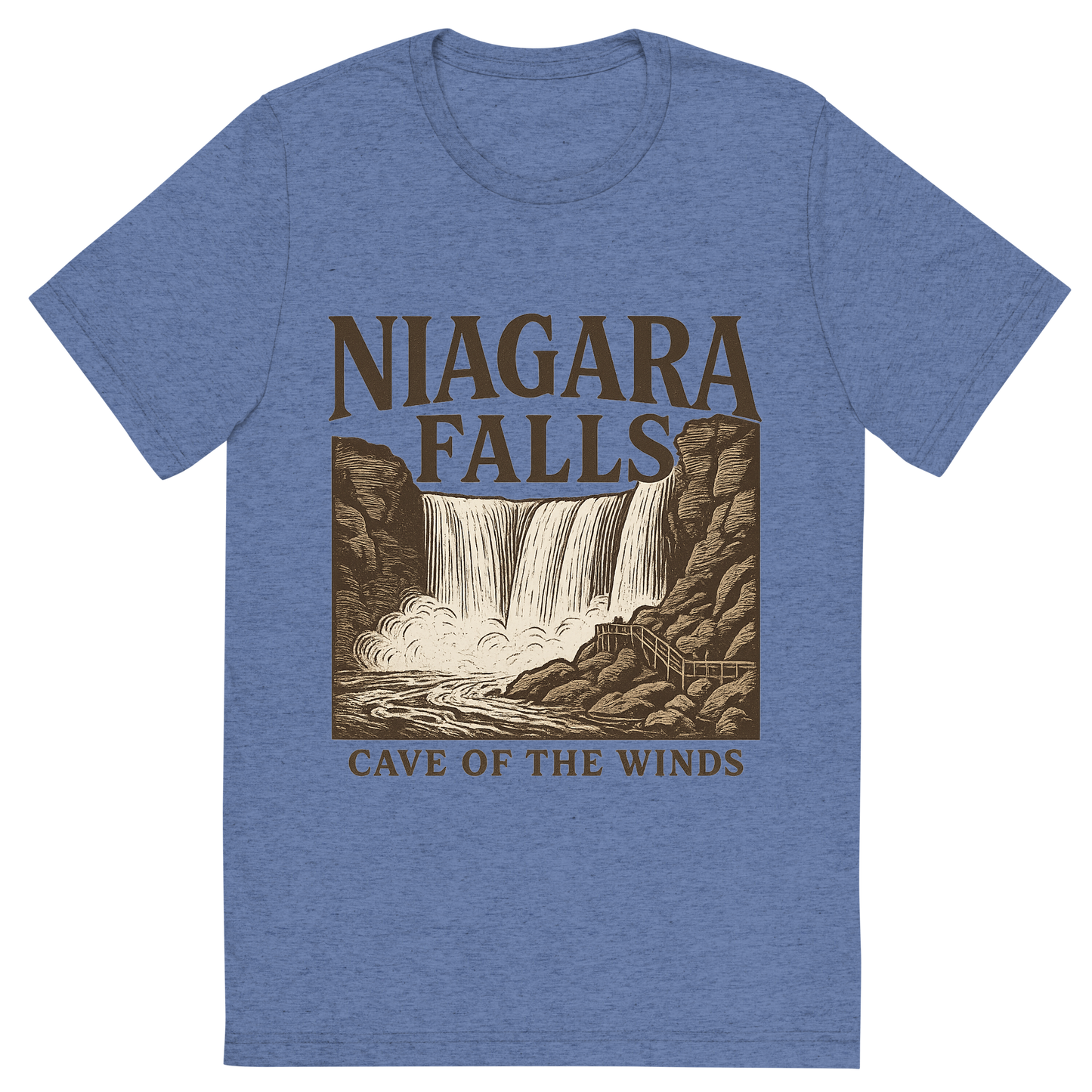 Front view of a Premium Tri-Blend Crew Neck T-Shirt in Blue showing 'A typographic, nostalgic graphic of a typographic illustration of the words 'niagara falls' with a vintage line art drawing of the cave of the winds'