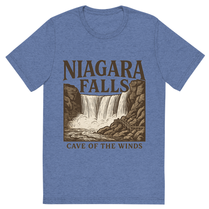 Front view of a Premium Tri-Blend Crew Neck T-Shirt in Blue showing 'A typographic, nostalgic graphic of a typographic illustration of the words 'niagara falls' with a vintage line art drawing of the cave of the winds'