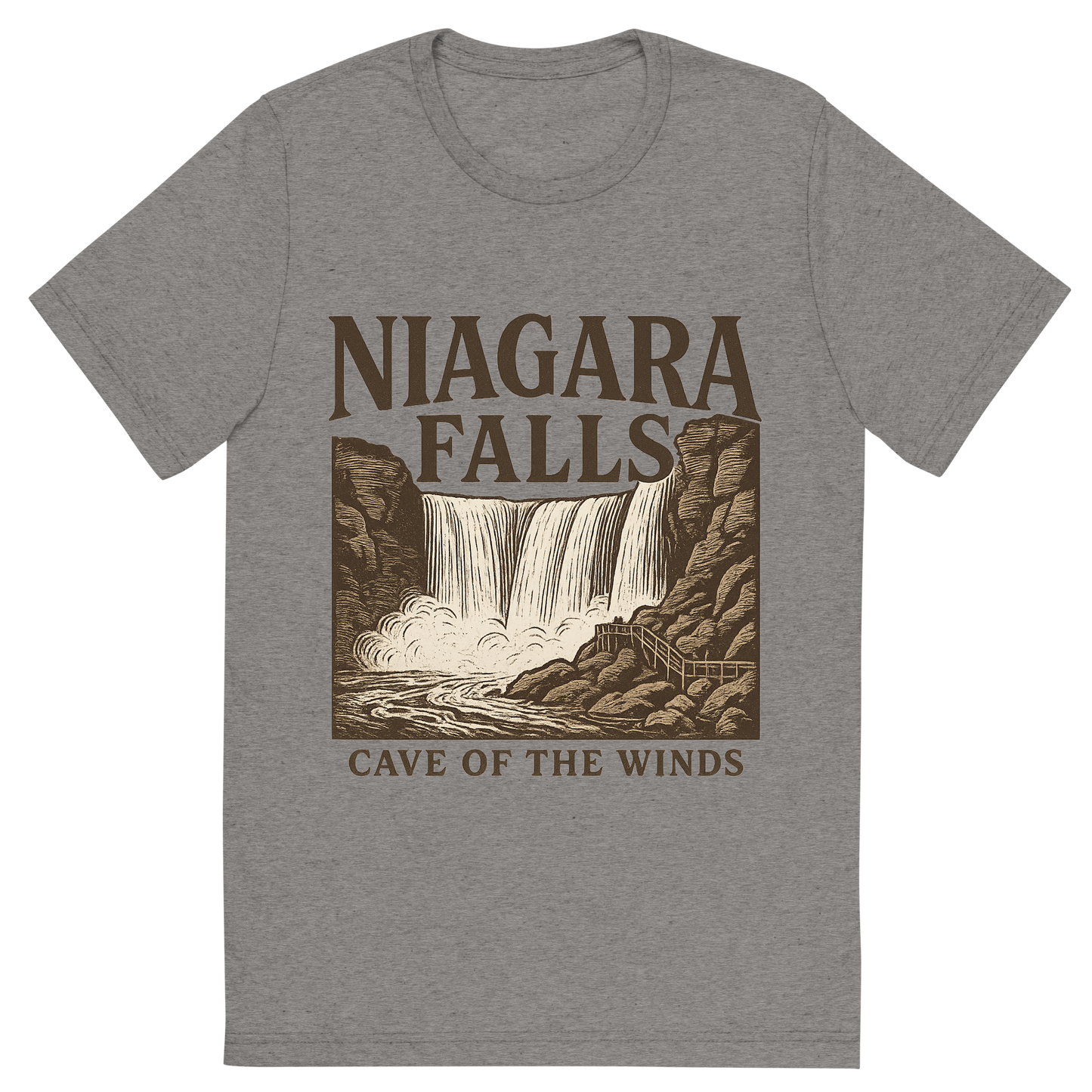 Front view of a Premium Tri-Blend Crew Neck T-Shirt in Grey showing 'A typographic, nostalgic graphic of a typographic illustration of the words 'niagara falls' with a vintage line art drawing of the cave of the winds'