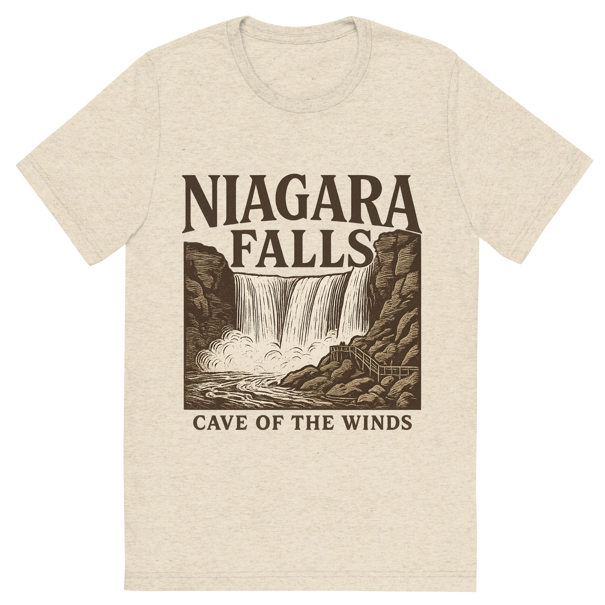 Front view of a Premium Tri-Blend Crew Neck T-Shirt in Oatmeal showing 'A typographic, nostalgic graphic of a typographic illustration of the words 'niagara falls' with a vintage line art drawing of the cave of the winds'