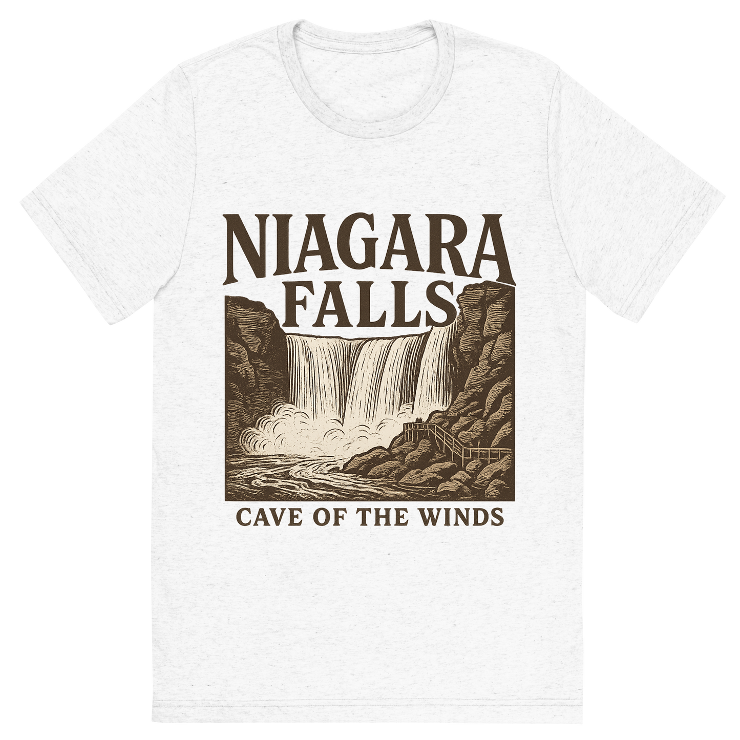 Front view of a Premium Tri-Blend Crew Neck T-Shirt in Solid White showing 'A typographic, nostalgic graphic of a typographic illustration of the words 'niagara falls' with a vintage line art drawing of the cave of the winds'